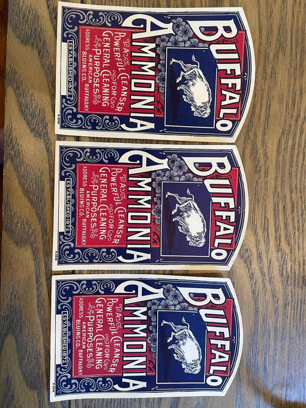 3 Antique Buffalo Ammonia Bottle Labels American Buffalo NY Lithograph